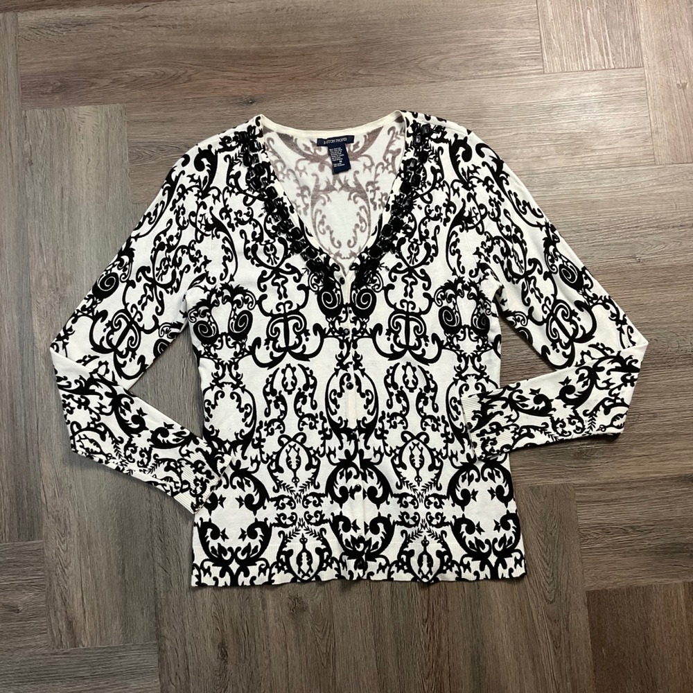 Boston Proper Damask Beaded Baroque Cardigan Sweater Womens Medium White Black